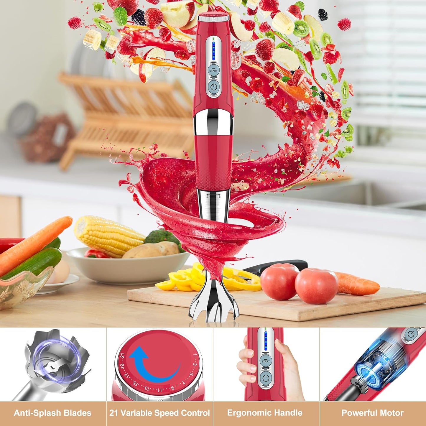 Toogel Cordless Immersion Blender, Electric Hand Blender with 21-Speed & 3-Angle Adjust, USB Rechargeable, BPA-Free & Dishwasher Safe for Baby Food, Smoothies, Soup (Grey)
