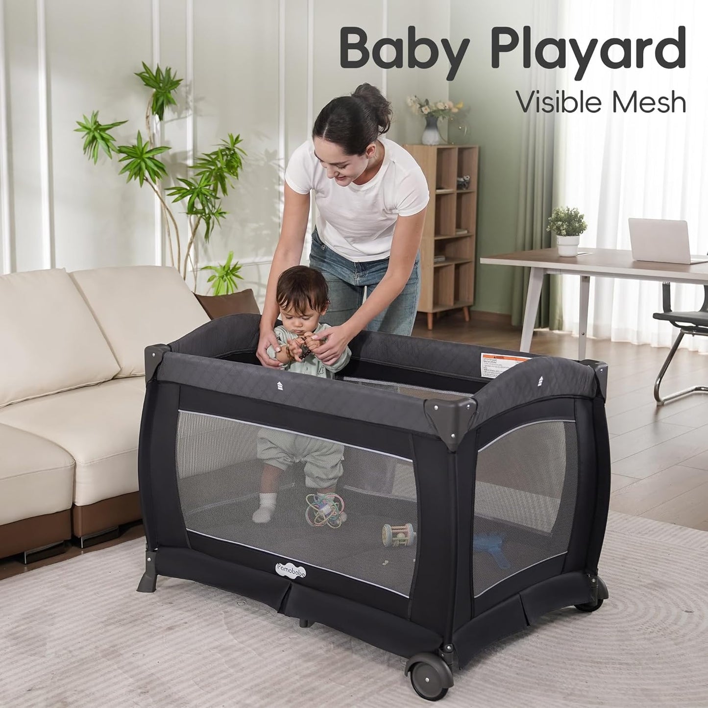 Pamo Babe Pack and Play with Bassinet Baby Playpen Foldable Playard with Changing Table Portable 4 in 1 Baby Playard