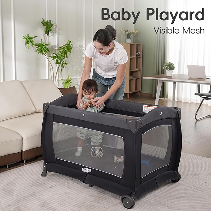 Pamo Babe Pack and Play 4 in 1 Playard Portable Playard Foldable Playpen for Baby and Toddler Portable Crib Mattress Diaper Changer for Newborn (Grey)