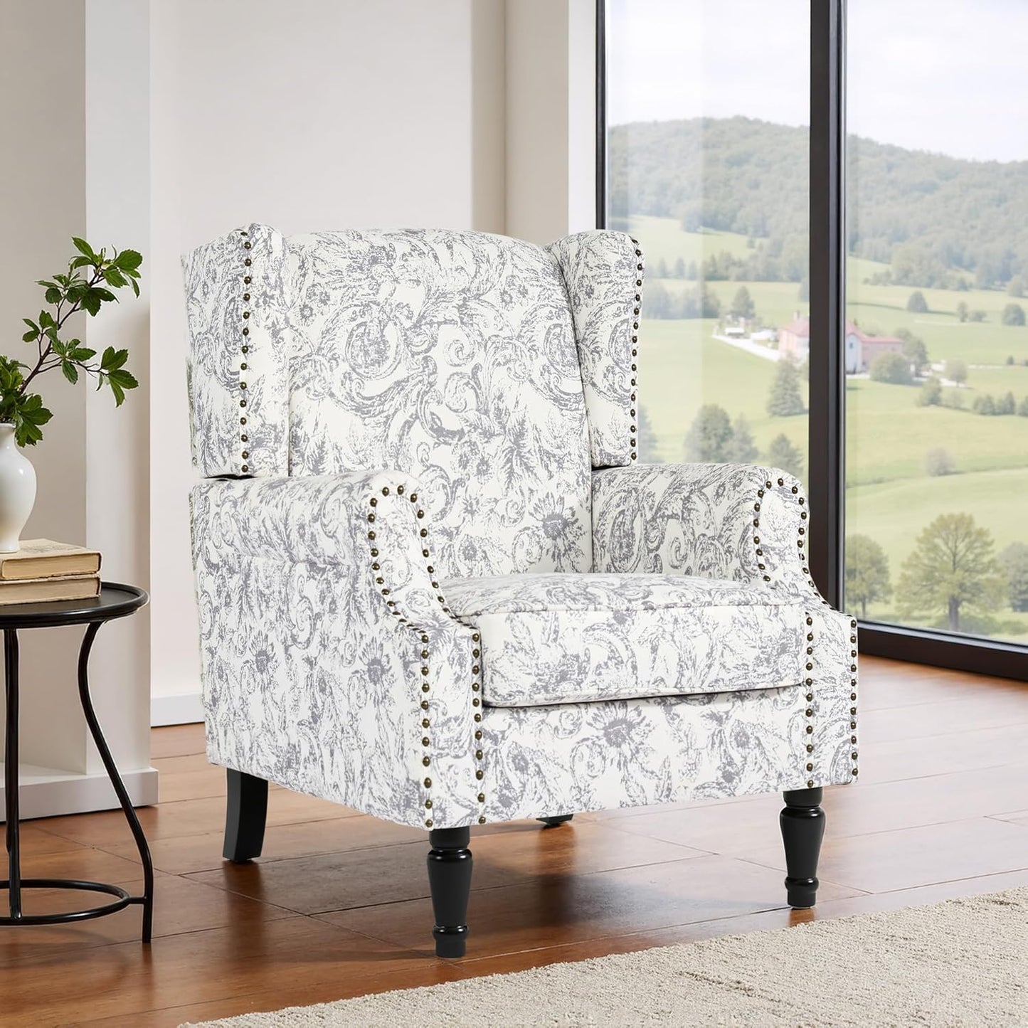 Swivel Rocker Recliner Chair, Manual Nursery Glider Recliner, Floral Fabric Wingback Accent Chair with Adjustable Backrest & Footrest for Small Spaces Living Room Bedroom (Plants Floral, Set of 1)
