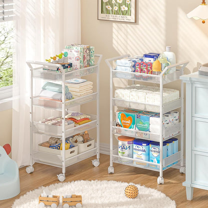 Baby Diaper Caddy Cart, 4-Tier Diaper Caddy Organizer and Storage, Rolling Utility Cart for Baby Supplies, Diaper Cart with Wheels for Bedroom, Nursery, Changing Table, White