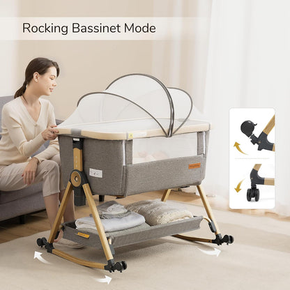 Maydolly Baby Bassinet & Bedside Sleeper, 3 in 1 Rocking Bassinet with Mattress & Sheet, Adjustable Height, Removable Breathable Cover, Easy Folding Infant Crib (Grey)