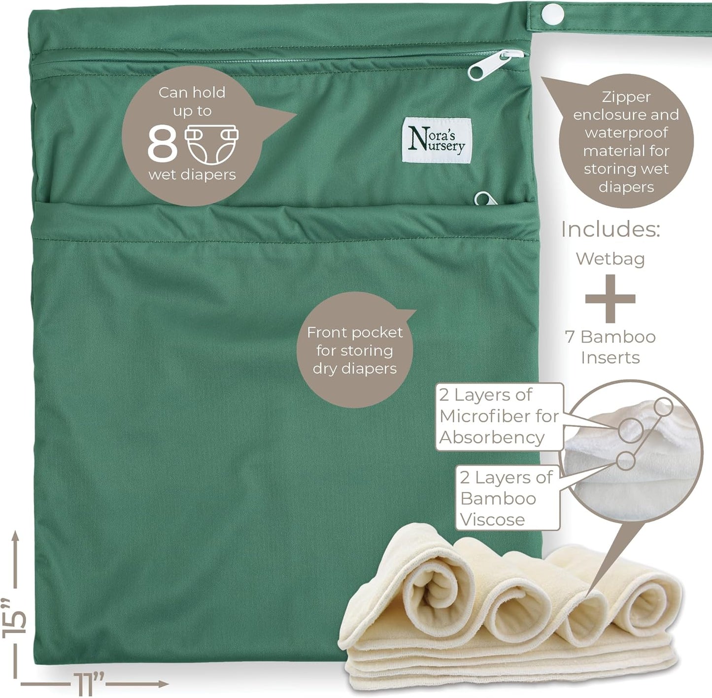 Nora's Nursery Cloth Diapers 7 Pack with 7 Inserts & 1 Wet Bag - Waterproof Cover, Washable, Reusable & One Size Adjustable Pocket Diapers for Newborns and Toddlers - Delilah