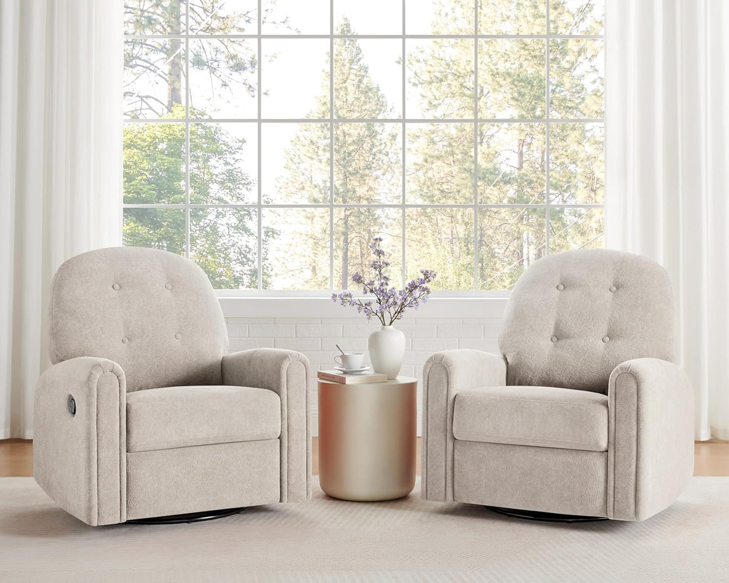 VANOMi 360 Swivel Rocker Recliner Chair, Nursery Rocking Chair with Tufted Backrest, Manual Recliner Chairs for Small Spaces, Upholstered Glider Nursing Chair for Living Room, Bedroom (White)