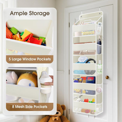 SpaceHacks 1 Pack Over The Door Organizer, Hanging Storage Organizer with Clear Window, 40lb Ultra Sturdy Large Capacity Room Organizer for Pantry Laundry Bathroom Nursery Closet Baby Essential (Grey)