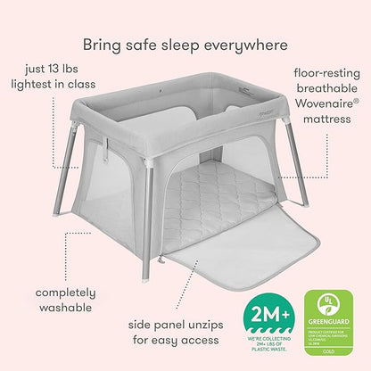 Newton Baby Compact Travel Crib & Play Yard | Breathable & Washable Mattress, Foldable Carry-On Size, Backpack Straps, Grey, Newton Bassinet Attachment NOT Included or Compatible