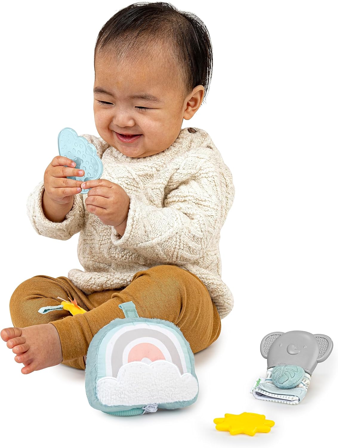 Ingenuity Soothing Essentials Wood Carrier Toy Bar, Montesorri-Inspired, 3 Removable Toys, for Ages 0-12 Months