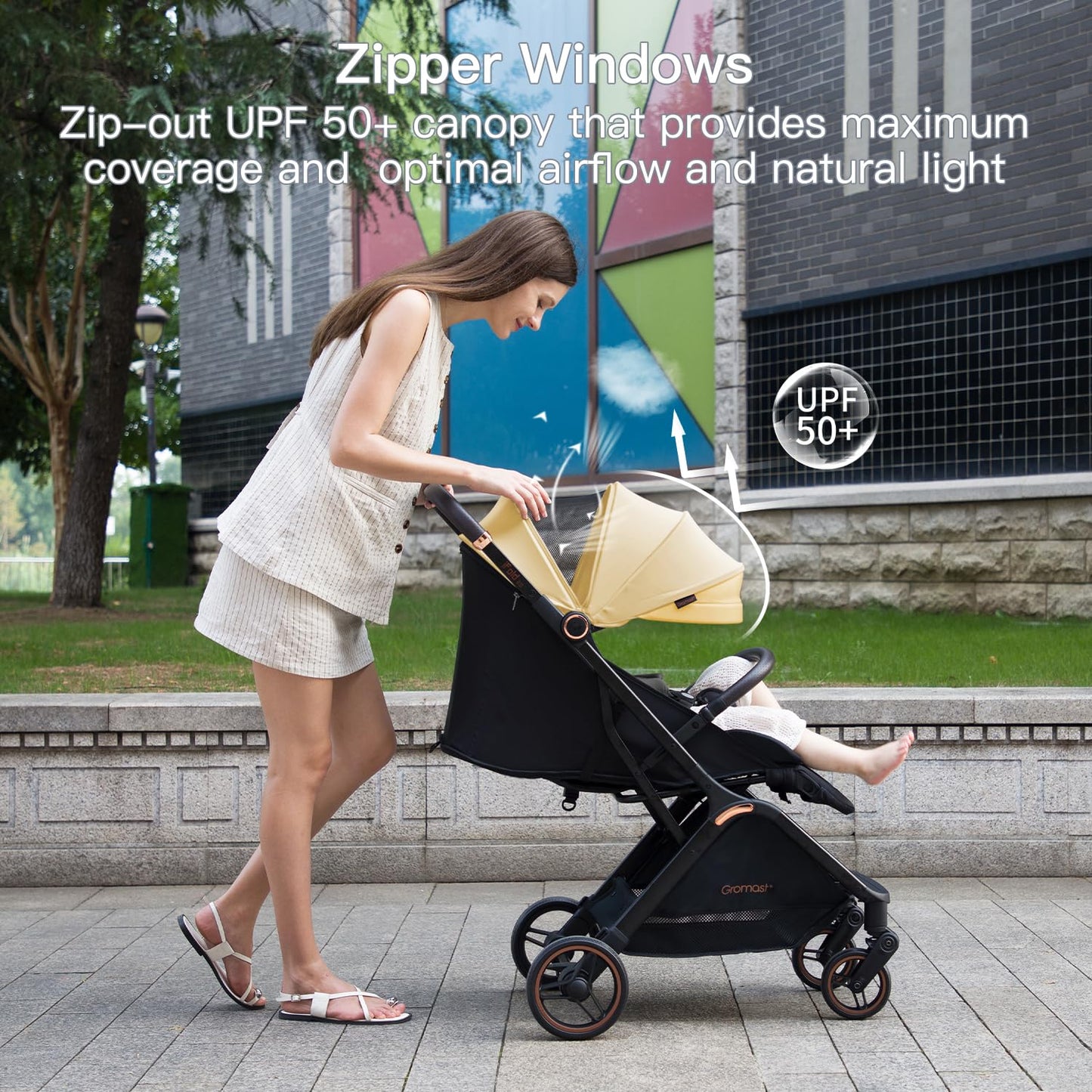 Gromast Gravity Folding Baby Stroller - Portable Travel Toddler Stroller w/Adjustable Backrest, Canopy & Cup Holder, Lightweight and UV Protected, One-Hand Automatic Folding - Green