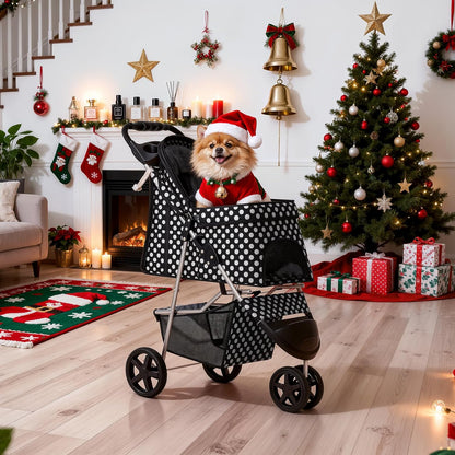 MoNiBloom Foldable Pet Stroller with Weather Cover, 3 Wheels Pet Strolling Cart for Small/Medium Dogs and Cats with Storage Basket and Cup Holder, Breathable and Visible Mesh for All-Season, Black