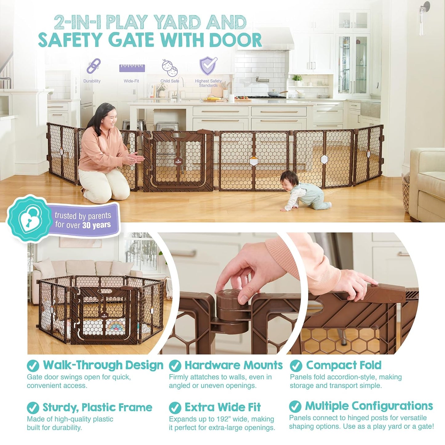 Regalo Safety 192" Super Wide Baby Gate & Play Yard, 2-in-1 Adjustable Playpen for Babies, Toddlers & Pets, Includes Wall Mount Kit, Plastic, Gray