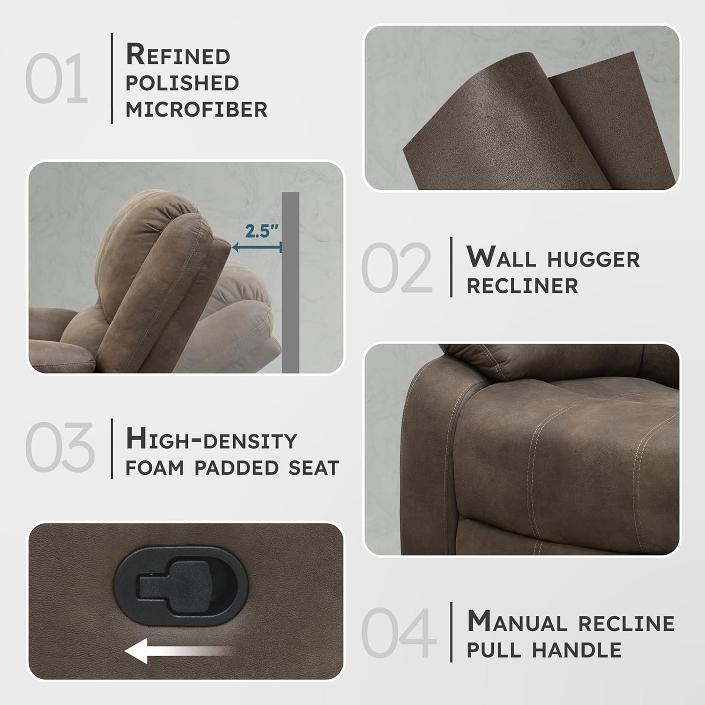 Lexicon Manual Glider Recliner Sofa Chair, Home Theater Seating, Wall Hugger Manual Reclining Nursery Chair for Bedroom/Living Room/Office/Apartment, Grey Chenille
