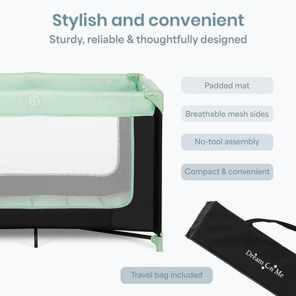 Dream On Me Zodiak Baby Playard, Breathable Mesh Sides, Soft Comfortable Mattress, Quick & Easy to Fold with Travel Carry Bag, Compact Space Saving Design - Grey/Green