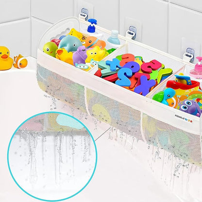 Bath Toy Storage Organizer for Bathtub – Large Bath Toy Holder & Bath Toy Net, Kids Bathtub Toy Storage Bag with 6 Strong Adhesive Hooks, Quick-Dry Mesh Bathroom Toy Holder for Tub & Shower