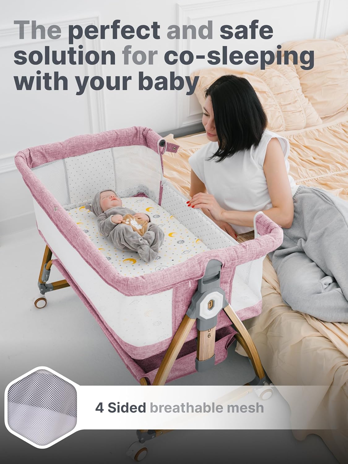 Earth&ME Baby Bassinet Bedside Sleeper with Rocking - All Mesh Portable Bedside Crib for Safe Co-Sleeping, Storage Basket and Wheels, Adjustable Height, Includes Travel Bag, Mosquito Net (Whate, Grey)