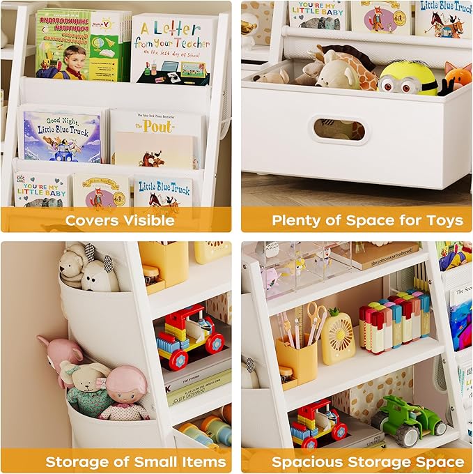 Homeiju Kids Bookshelf and Toy Storage Organizer, 3 Tier Kids Bookcase, Sling Bookshelf and 2 Toy Bins with Toy Storage Organizer for Children Room, Playroom, Nursery, White
