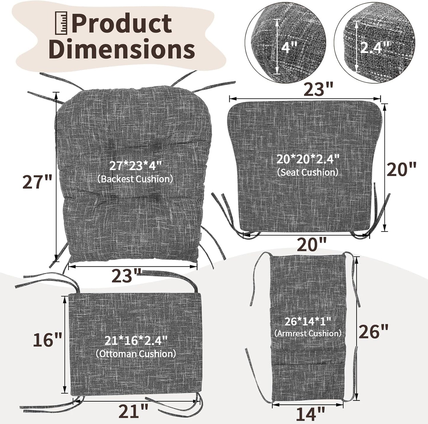 SINOSSO Glider Rocker Cushion Set (5 Pcs), Soft Blended Fabric High-Density Support Foam Seat Cushions with Ties, Fits Rocking Chair/Nursery Glider & Ottoman, Black-Gray