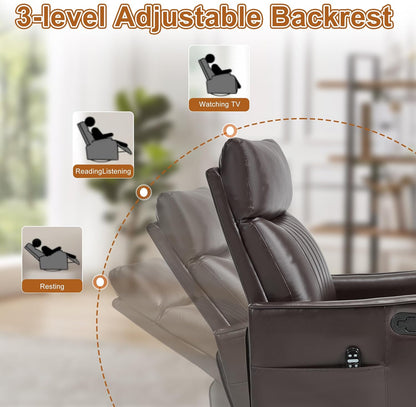 Manual 360° Swivel Rocker Recliner Chair for Adults, Overstuffed Glider Chair for Nursery with Vibration Massage and Heat, Comfy Soft Fabric Glider with Side Pockets for Living Room, Beige