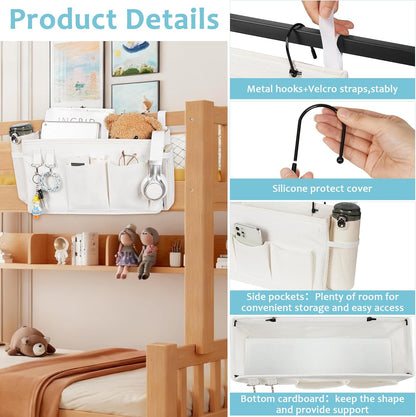 Loghot Bedside Caddy/Bedside Storage Bag Hanging Organizer for Bunk and Hospital Beds,Dorm Rooms Bed Rails,Can be Placed Glasses,Books,Mobile Phones,Keys (White)