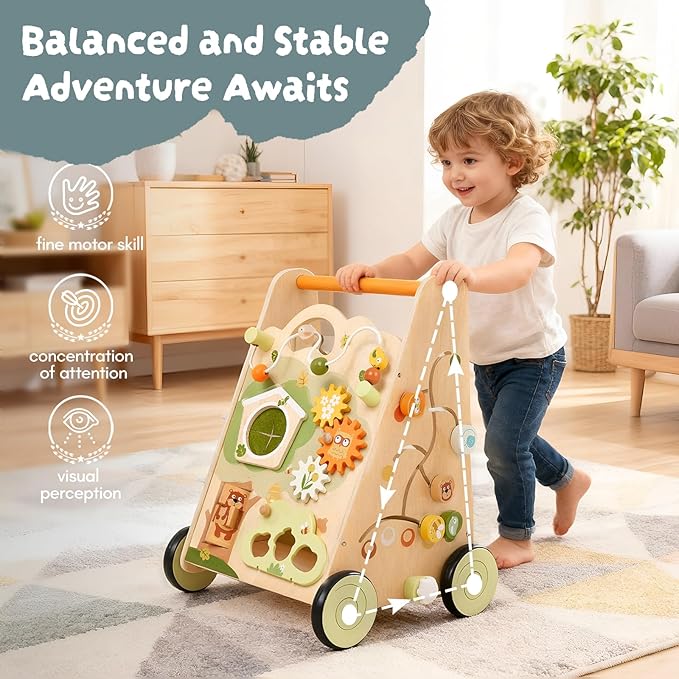 10-in-1 Wooden Baby Walker with Activity Center, Forest Montessori Push Toy for Toddlers 1–3, Bead Maze, Shape Sorter, Gears, Puzzles Fine-Motor Learning, Speed Adjustable Wood Walker for First Steps
