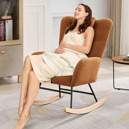 Teddy Glider Rocker, Nursery Nursing Chair for Adults, Compact Space-Saving Rocking Chair for Living Room, Bedroom & Small Spaces,Brown