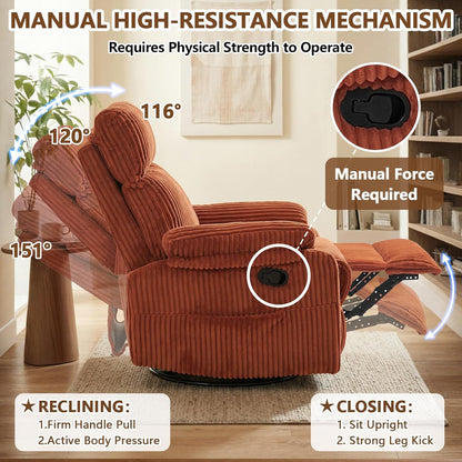 Manual Small Recliner Rocking Chair for Nursery/Relaxation, Corduroy Swivel Glider Recliner for Living Room Bedroom, Brown Rocking Chair Nursery Recliners for Small Spaces, Side Pockets (Brown)