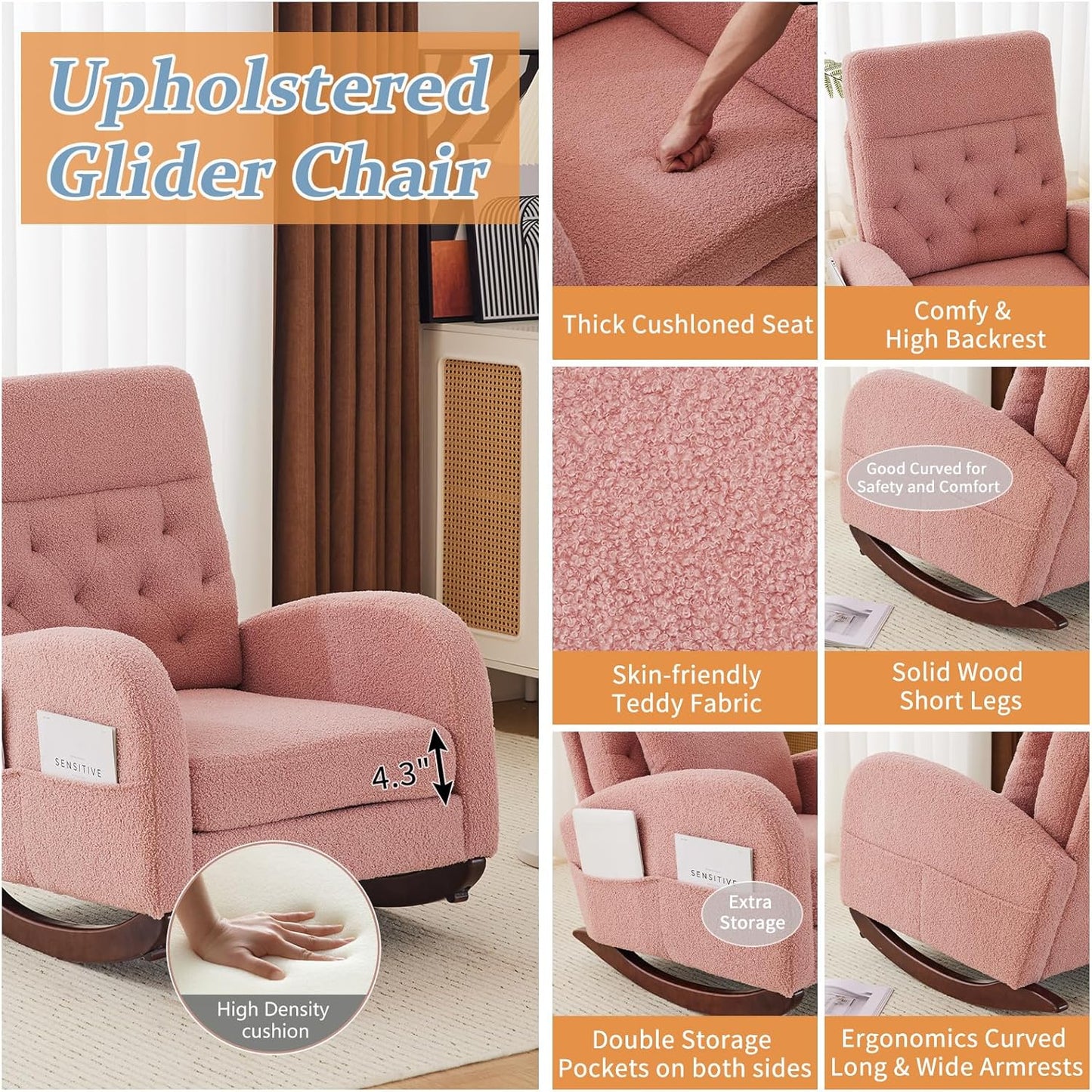VINGLI Teddy Fleece Low Seat Rocking Chair,Boucle Upholstered Nursery Glider Chair with Side Pockets,Accent Arm Chair with High Backrest,Comfy Head Rest,Solid Wood,For Living Room Bedroom Balcony,Pink