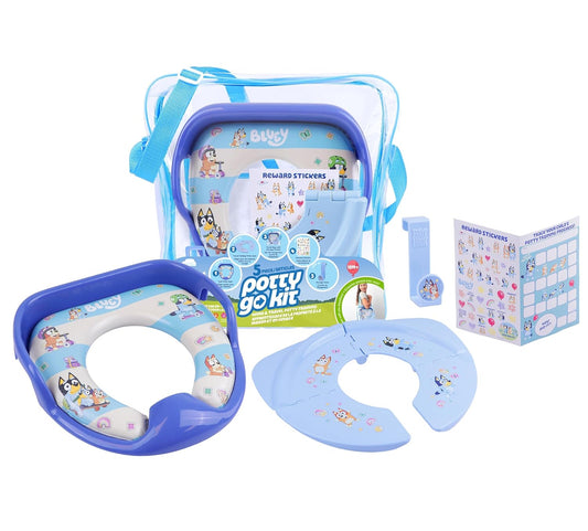 Bluey 5 Piece Potty Go Kit Training System Includes Soft and Travel Potties, Stickers, Hook, and Storage Bag