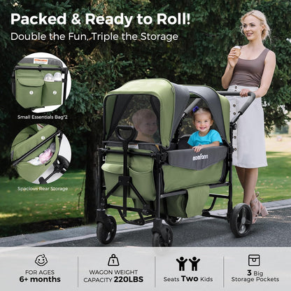 Stroller Wagon for 2 Kids with Canopy, Foldable All-Terrain Wagon Stroller with Adjustable Push/Pull Handle, Parent Organizer, 5-Point Harness, Ideal for Travel & Outdoor Adventures, Meadow Green
