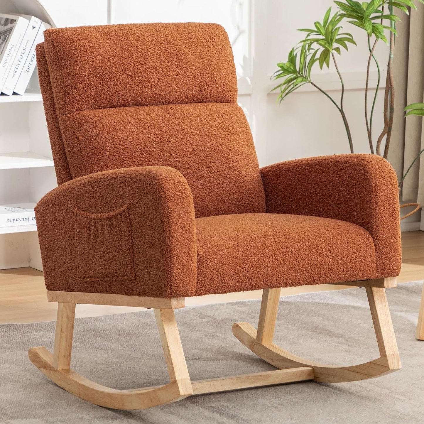 HCHAIRH Rocking Chair Nursery, Upholstered Fabricr Nursing Rocking Chairs with Soft High Back, Modern Nursery Glider Rocker for Mom Living Room, Bedroom, Camel