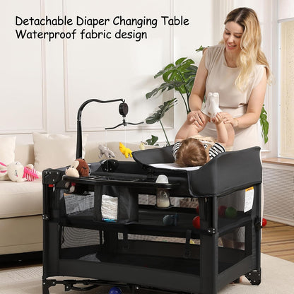 4 in 1 Pack and Play, Portable Travel Baby Bassinet, Foldable Travel Playard Playpen for Toddler, Bedside Crib Sleeper, Diaper Changer Table, Baby Playard for Newborn (Black)