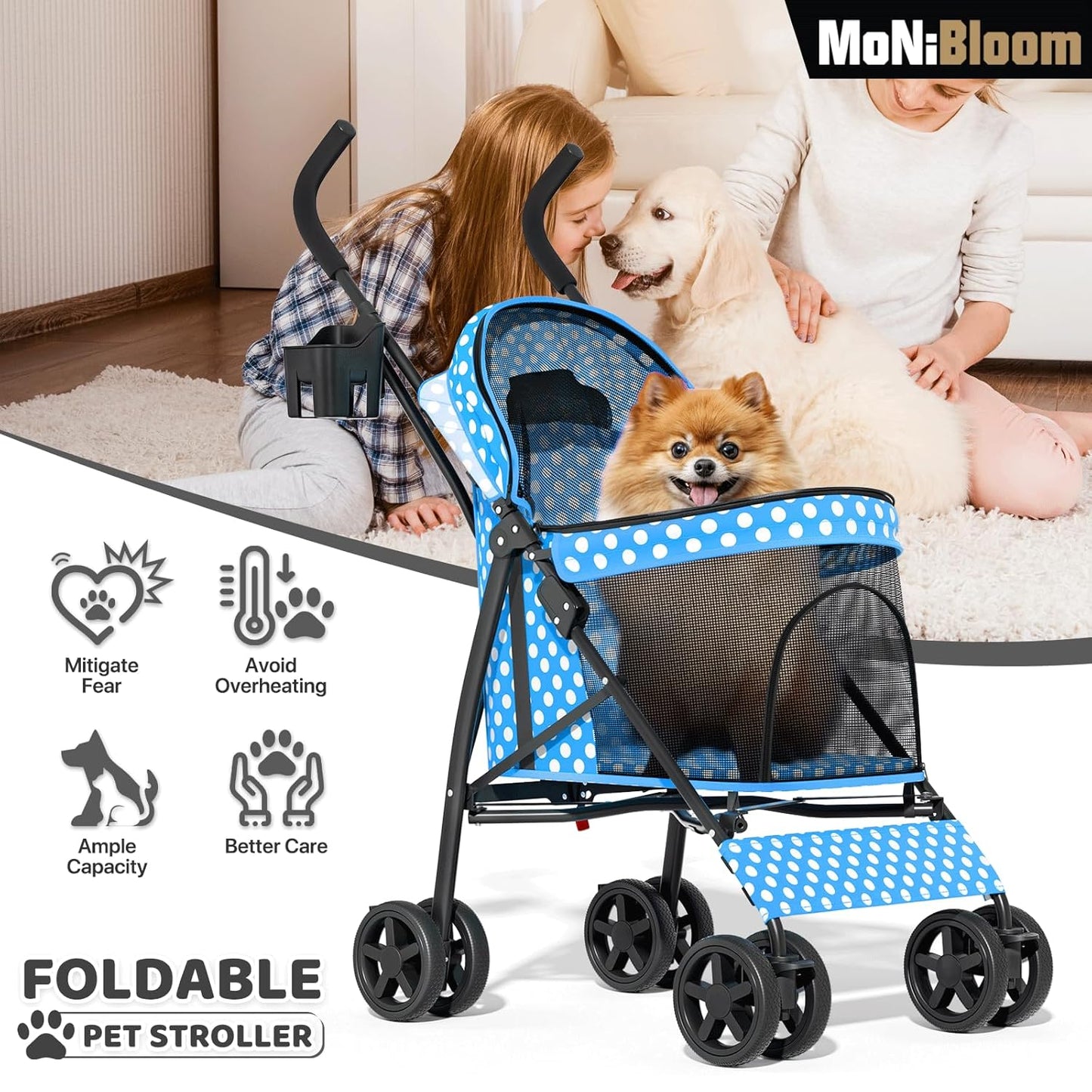 MoNiBloom 4 Wheels Pet Stroller, Easy-Fold Puppy Cage Jogger Stroller with Sun Cover, Pad and Rear Storage Bag, Breathable and Visible Mesh for Small/Medium Pets up to 22 lbs, Black