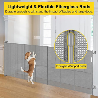 Reinforced 42” Tall x 130” Extra Wide Retractable Dog Gate Extra Tall Pet Gate with Rods to Prevent Crawling Through, Long Baby Gates for Dogs Child Safety Gate Mesh Dog Gate Indoor Outdoor, Gray