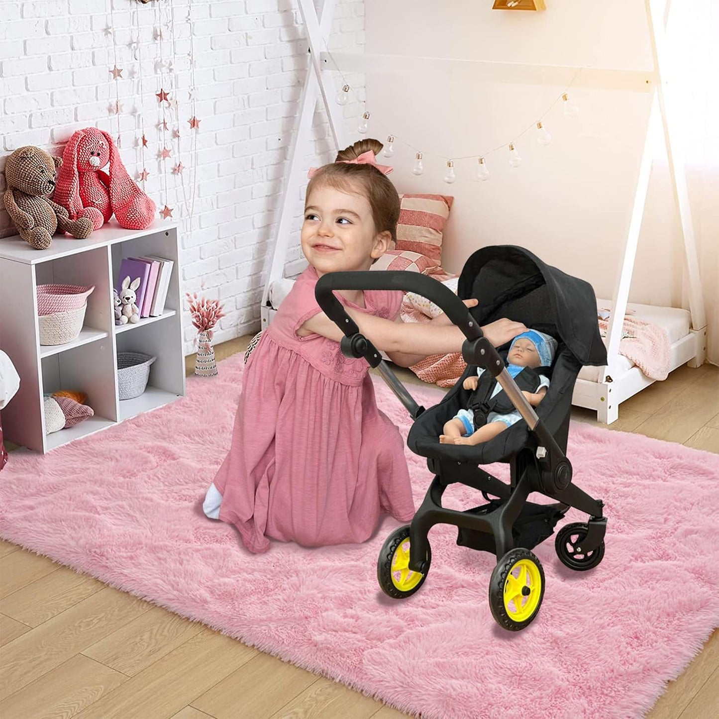 Baby Doll Car Seat Stroller Combo – Convertible 2 in 1 Doll Stroller and Car Seat for Kids – Fits Up to 20” Dolls – Play Toy Baby Stroller with Adjustable Handle for Girls Toddlers All Ages (Black)