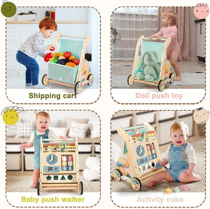 LOL-FUN Wooden Baby Walker with Double-Sided Busy Board, Push Walker for Baby with Adjustable Speed Wheels, Activity Learning Walker for Boys 12 Months