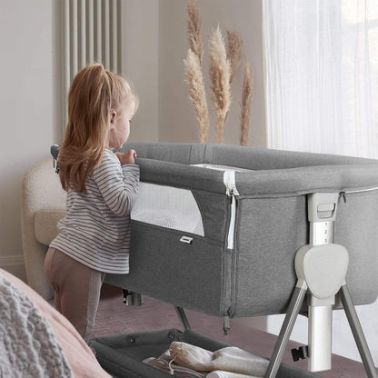 Cowiewie Bassinet Bedside Sleeper, Baby Bassinet with 7 Adjustable Height, Bedside Bassinet for Baby with Storage, Breathable Mesh & Mattress, Portable Bassinet Easy Folding (Pyramid Light Gray)