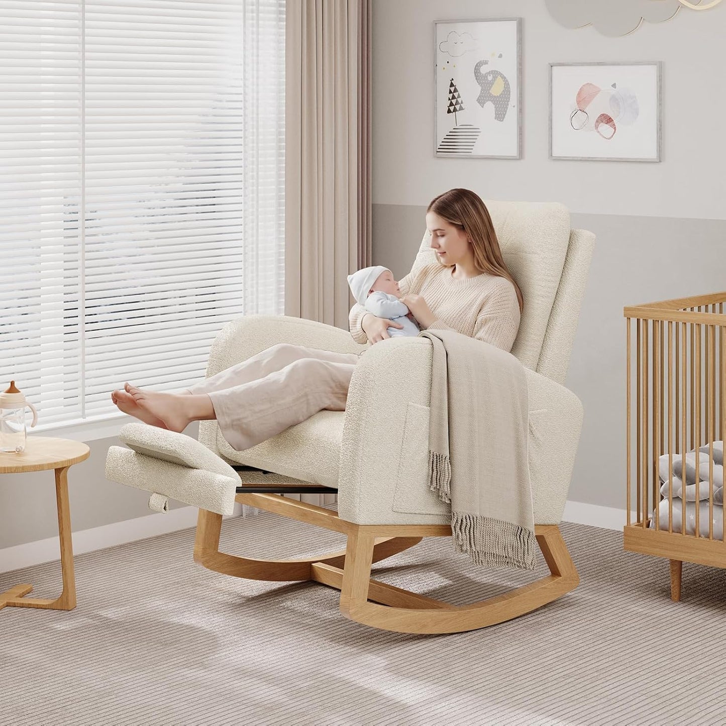 GarveeHome Nursery Rocking Chair with Adjustable Footrest, Teddy Fleece Upholstery, Sturdy Wooden Legs & High Backrest, Comfortable Glider Rocking Chair for Living Room or Bedroom, Pink