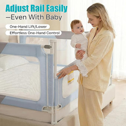 Queen Size Baby Bed Rail Guard – Extra Tall Safety Bedside Rail with Headboard Rod for Toddlers, Adjustable No-Gap Design, 3 Panels (2×78.7″ + 1×59″), Gray & Light Blue