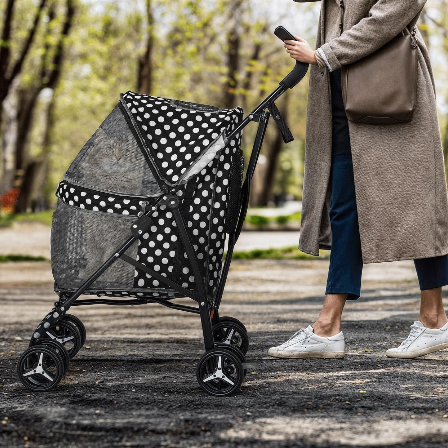 MoNiBloom 4 Wheels Pet Stroller, Easy-Fold Puppy Cage Jogger Stroller with Sun Cover, Pad and Rear Storage Bag, Breathable and Visible Mesh for Small/Medium Pets up to 22 lbs, Black