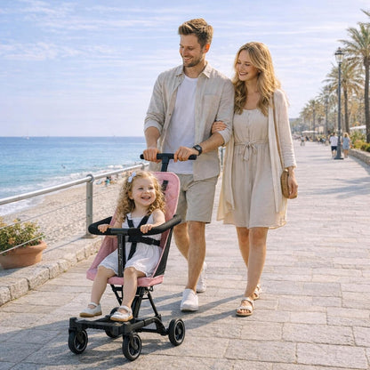 Dream On Me Coast Rider Travel Stroller, Lightweight & Compact Baby Stroller, Theme Park Approved, Book-Folding Design, Adjustable Handle, Soft-Ride Wheels, Converts to Rider & Scooter - Black