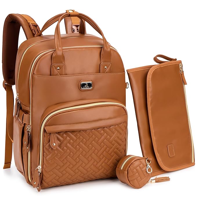 Dikaslon Leather Diaper Bag Backpack with Portable Changing Pad, Pacifier Case and Stroller Straps, Large Unisex Baby Bags for Boys Girls, Multipurpose Travel Back Pack for Moms Dads, Dark Brown