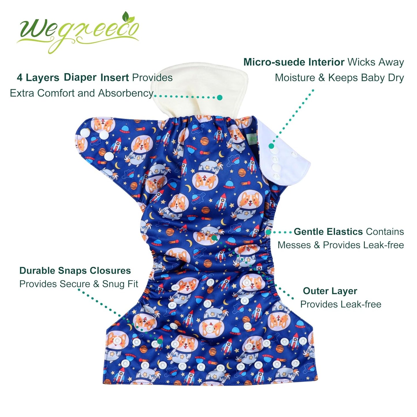 wegreeco Cloth Diapers 6 Pack with 6 Inserts & 1 Wet Bag, Washable Cloth Diapers for Babies, One Size Adjustable Reusable (Flower)