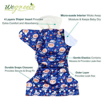 wegreeco Cloth Diapers 6 Pack with 6 Inserts & 1 Wet Bag, Washable Cloth Diapers for Babies, One Size Adjustable Reusable (Flower)