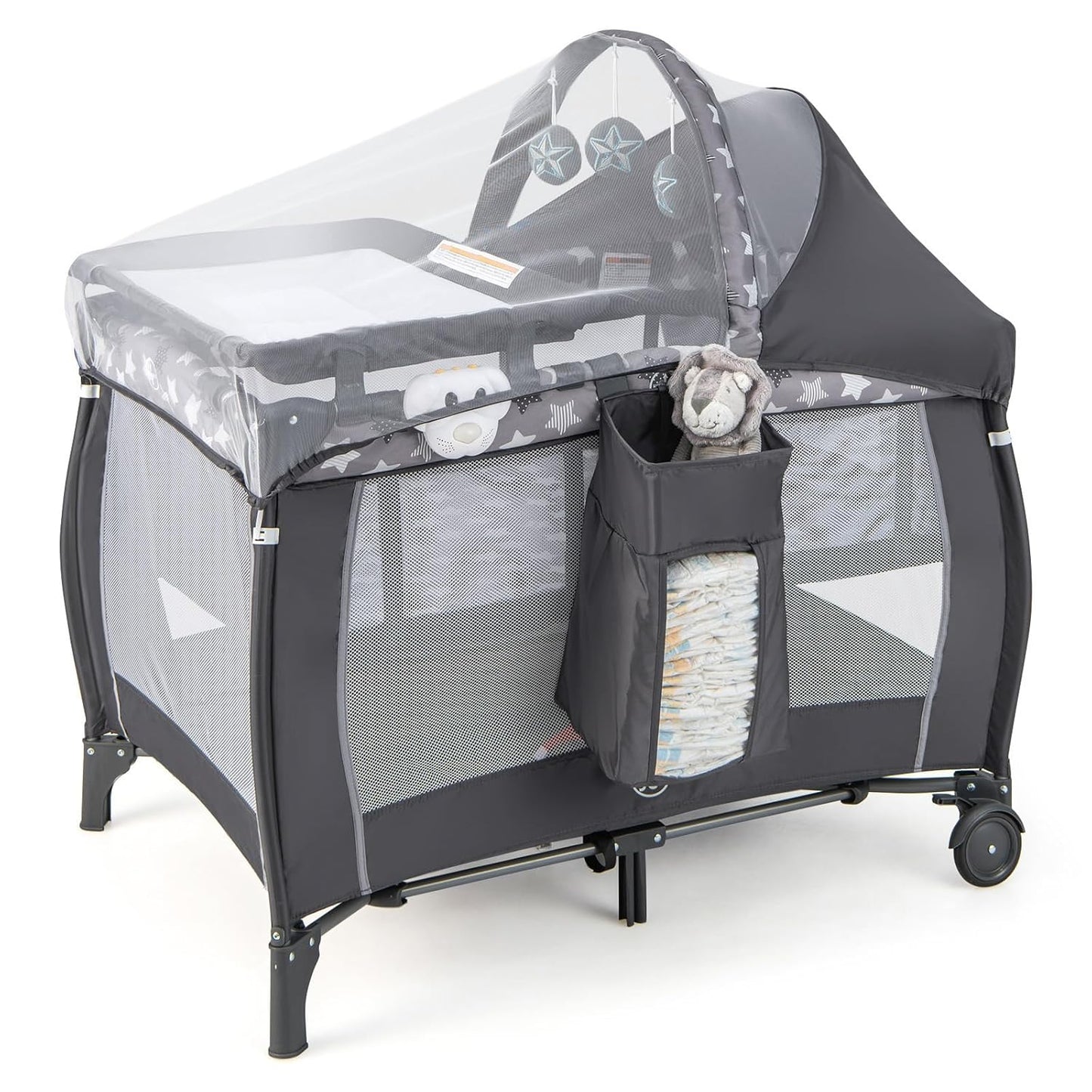 BABY JOY 4 in 1 Pack and Play with Canopy, Portable Baby Playard with Bassinet, Double-Layer Baby Crib, Wheels & Brake, Foldable Baby Girl Pink Princess Bassinet from Newborn to Toddler