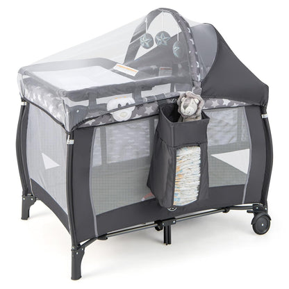 BABY JOY 4 in 1 Pack and Play with Canopy, Portable Baby Playard with Bassinet, Double-Layer Baby Crib, Wheels & Brake, Foldable Baby Girl Pink Princess Bassinet from Newborn to Toddler