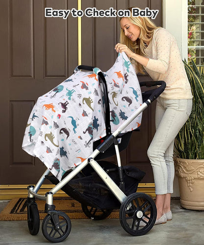 Rquite Car Seat Cover Baby for Girls Boys, 100% Muslin Cotton Infant Carseat Canopy, Soft Breathable Stroller Sun Shade & Newborn Shower Gift, Large Size Universal Fit Summer, Hot & Warm Weather