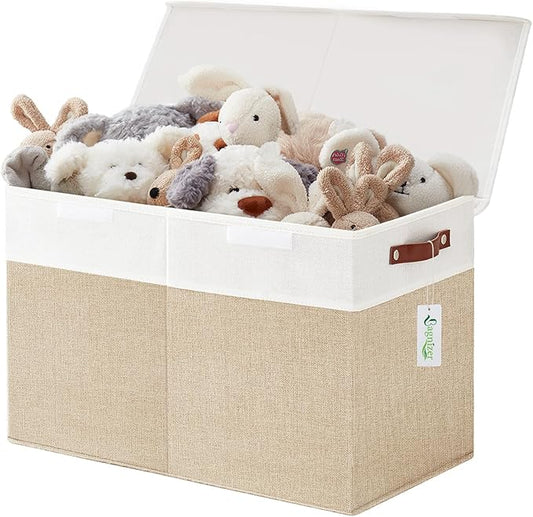 Bagnizer Large Toy Storage Box with Lids, Collapsible Sturdy Baby Storage Organizer Chest Bin Basket for Kids, Boys, Girls, Playroom, Nursery, Bedroom, Closet 25"x13"x16" (Beige and White)