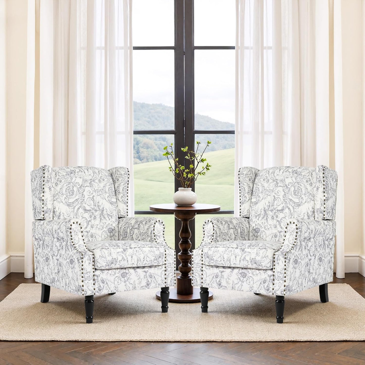 Swivel Rocker Recliner Chair, Manual Nursery Glider Recliner, Floral Fabric Wingback Accent Chair with Adjustable Backrest & Footrest for Small Spaces Living Room Bedroom (Plants Floral, Set of 1)