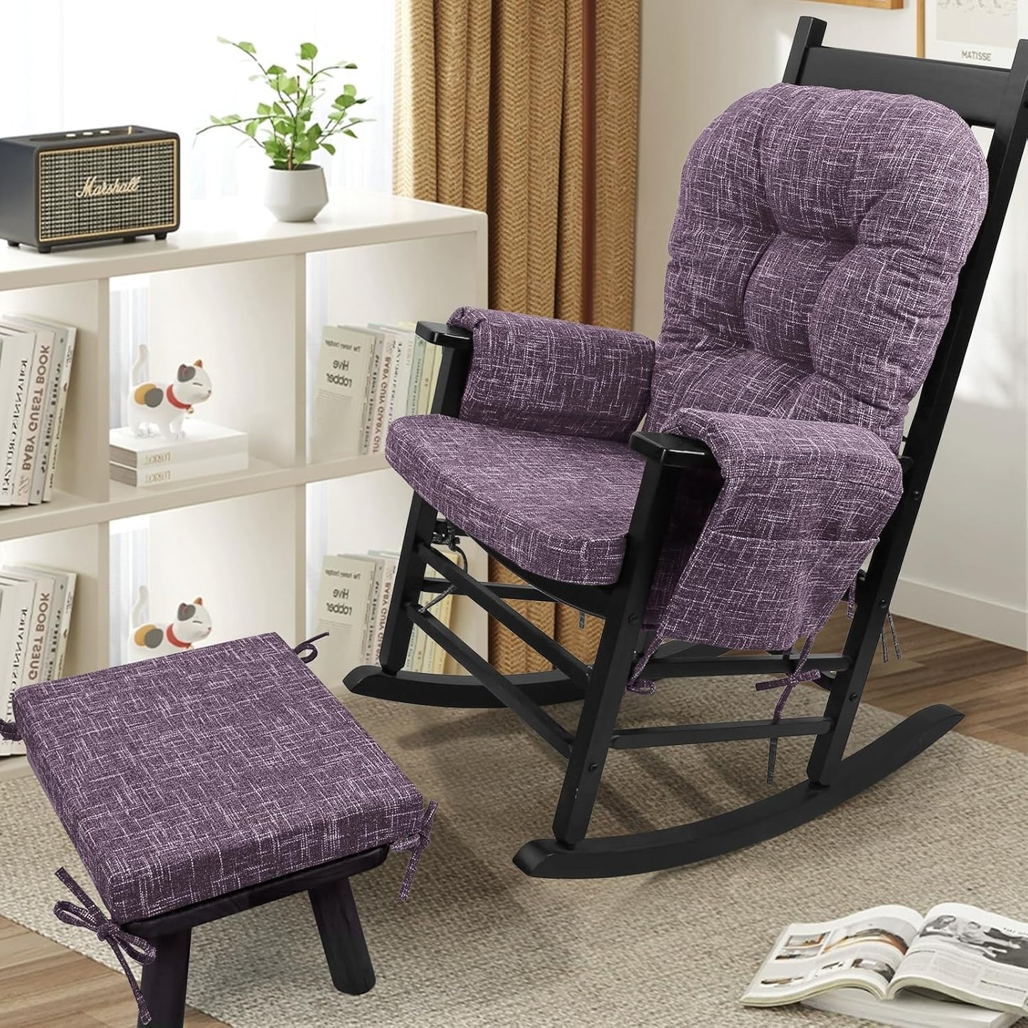 SINOSSO Glider Rocker Cushion Set (5 Pcs), Soft Blended Fabric High-Density Support Foam Seat Cushions with Ties, Fits Rocking Chair/Nursery Glider & Ottoman, Black-Gray