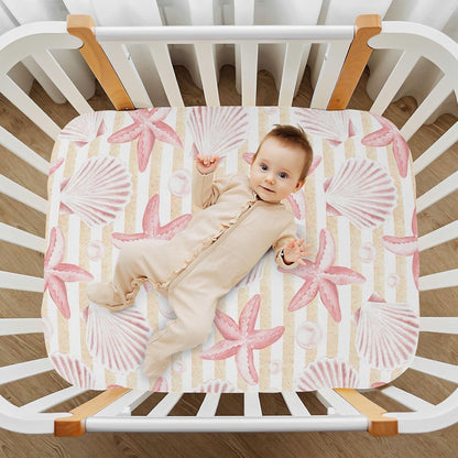 Fitted Crib Sheets Turtle Sea Horse Stretchy Portable Playard Sheets for Baby Toddler, Breathable Soft Mini Crib Mattress 39 x 27 in for Boys and Girls