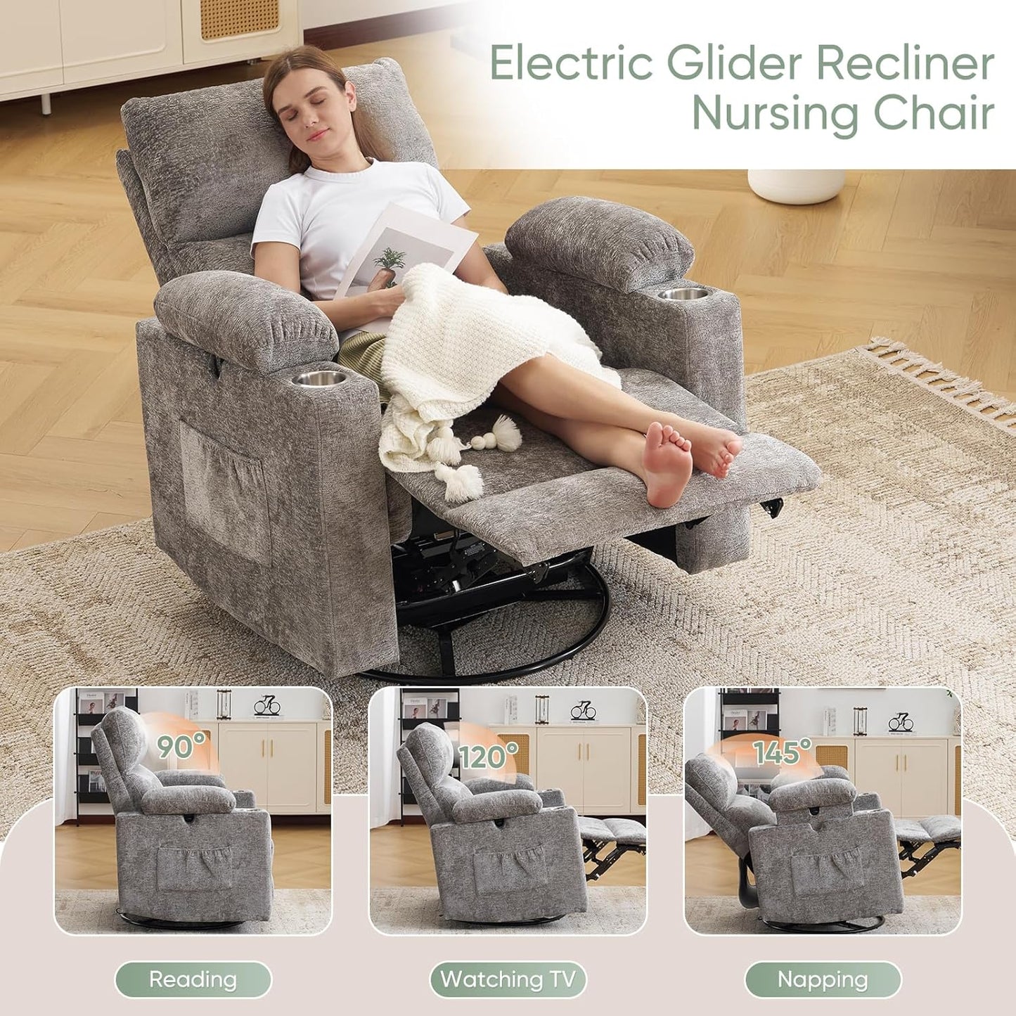 Rocking Chair Nursery with Adjustable Armrest for Breastfeeding, Glider Recliner Nursery Chair with Massage and Heat, Power Swivel Rocker Recliner with Adjustable Headrest, Corduroy, Beige